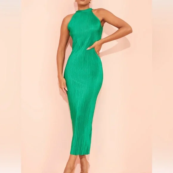green emerald velvet dress Green Wrap Top Belted Short Sleeve Plisse Midi Dress – AX Paris US main image 0